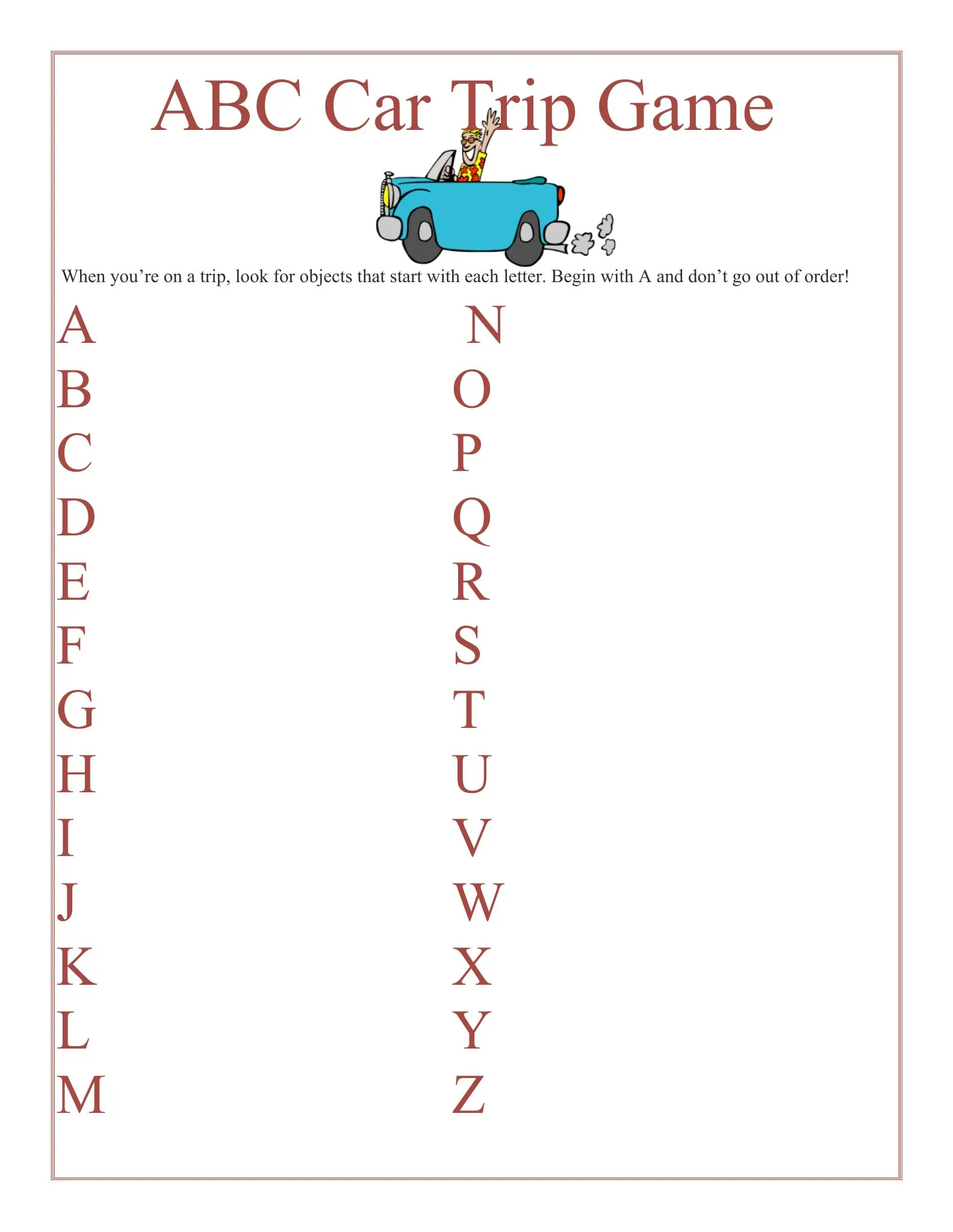 abc car trip game score sheet