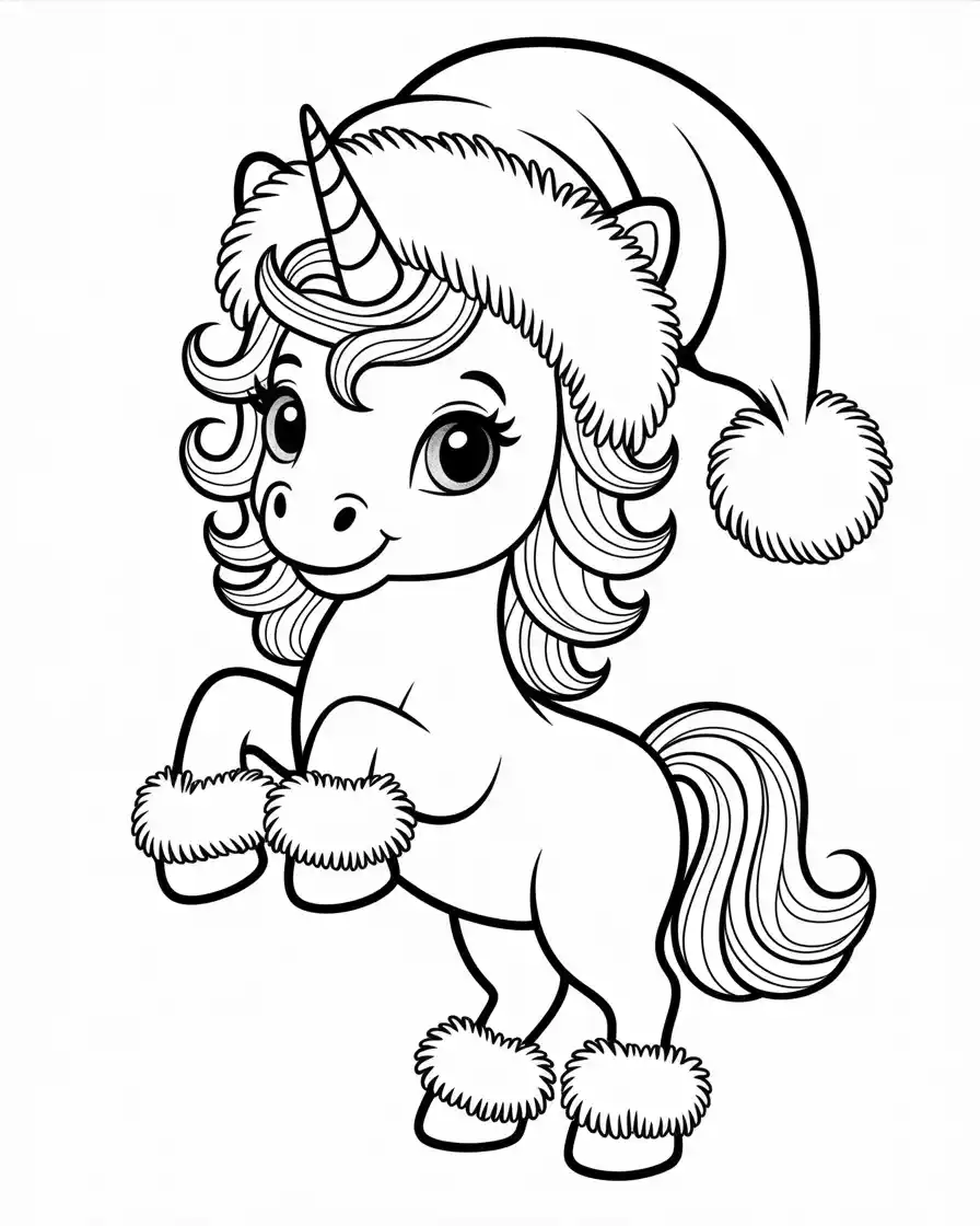 baby unicorn with santa hat standing on hind legs coloring page for preschoolers