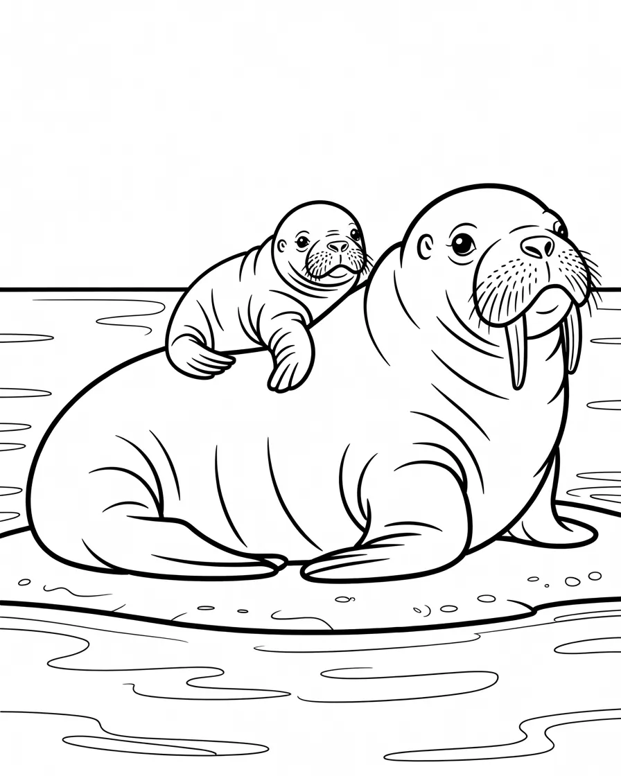 baby walrus on mom's back  mammal coloring pages