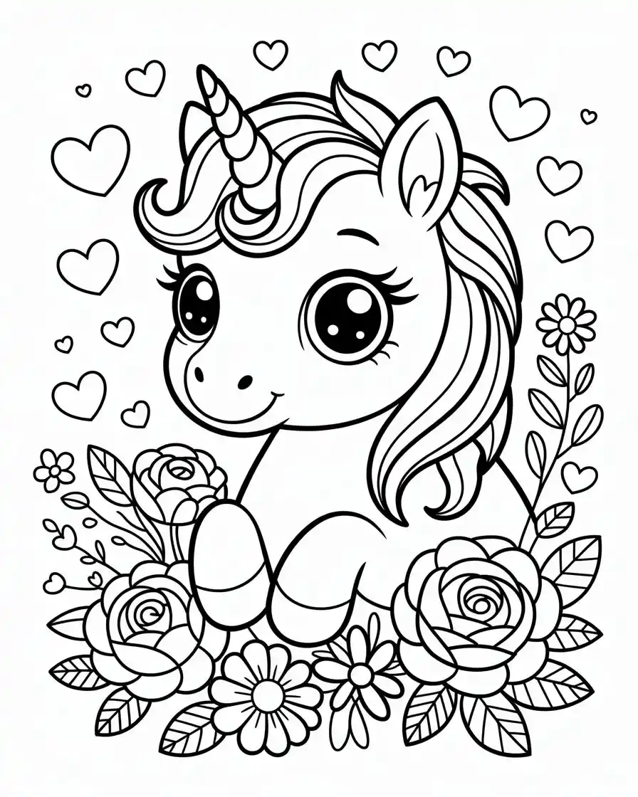 beautiful little unicorn with flowers coloring page for kids