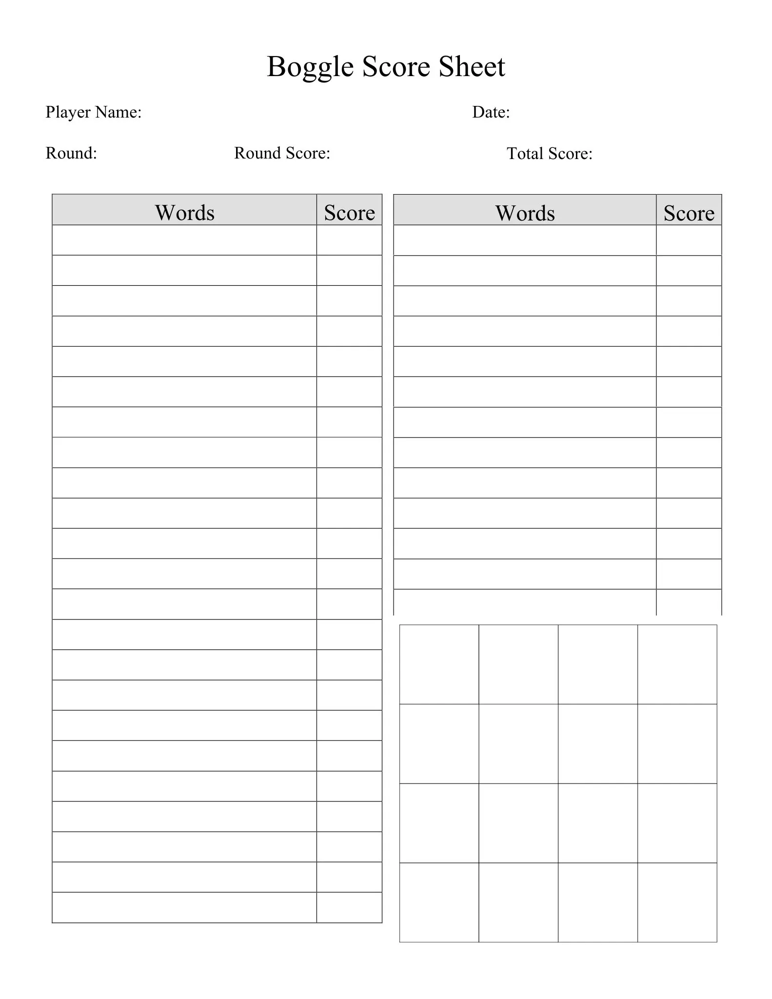 boggle score sheet