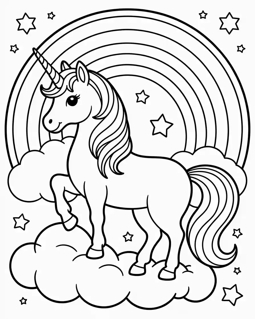 calm unicorn standing beside a rainbow with stars coloring page
