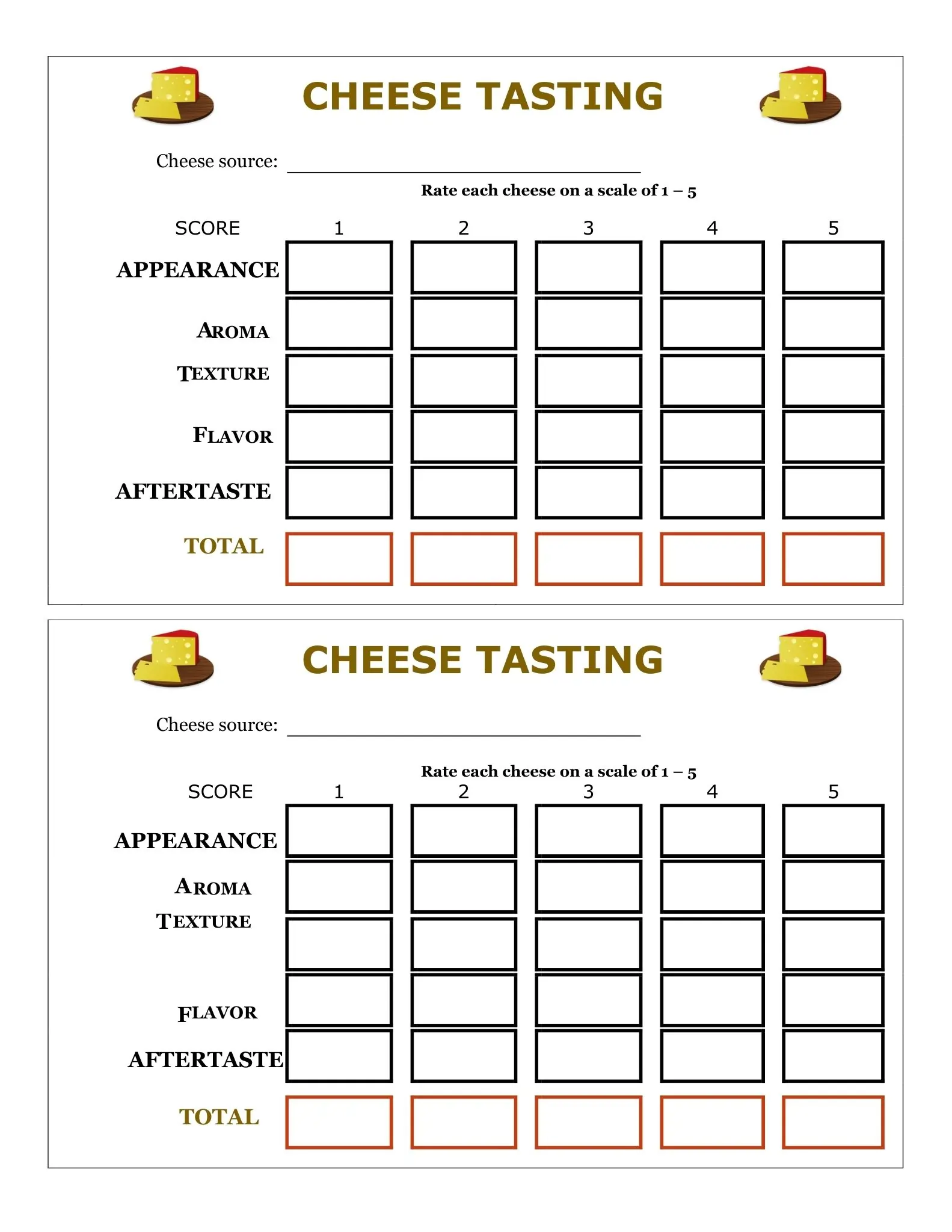 cheese tasting score card
