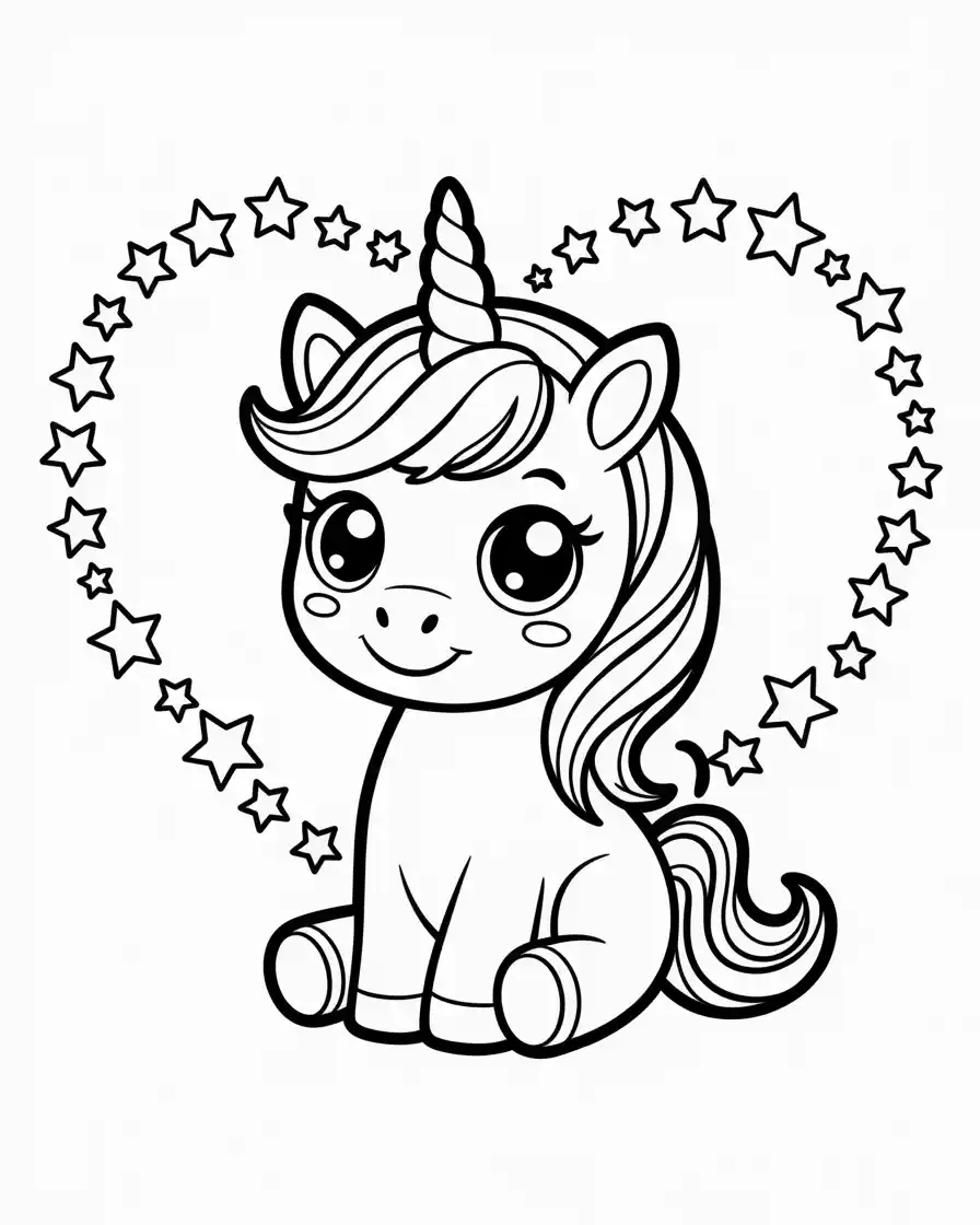 chibi smiling unicorn in a love heart coloring sheet for kids