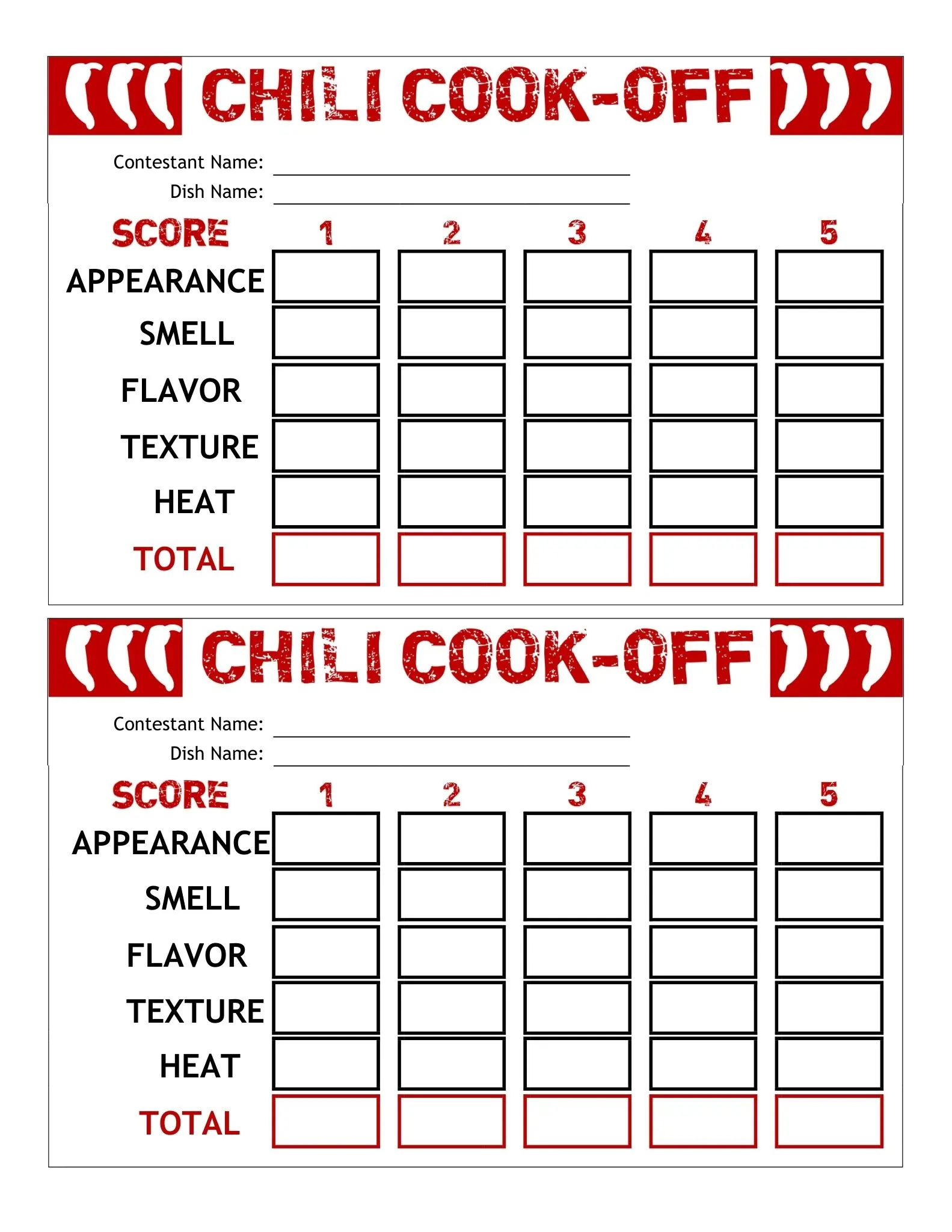 chili cook off score card
