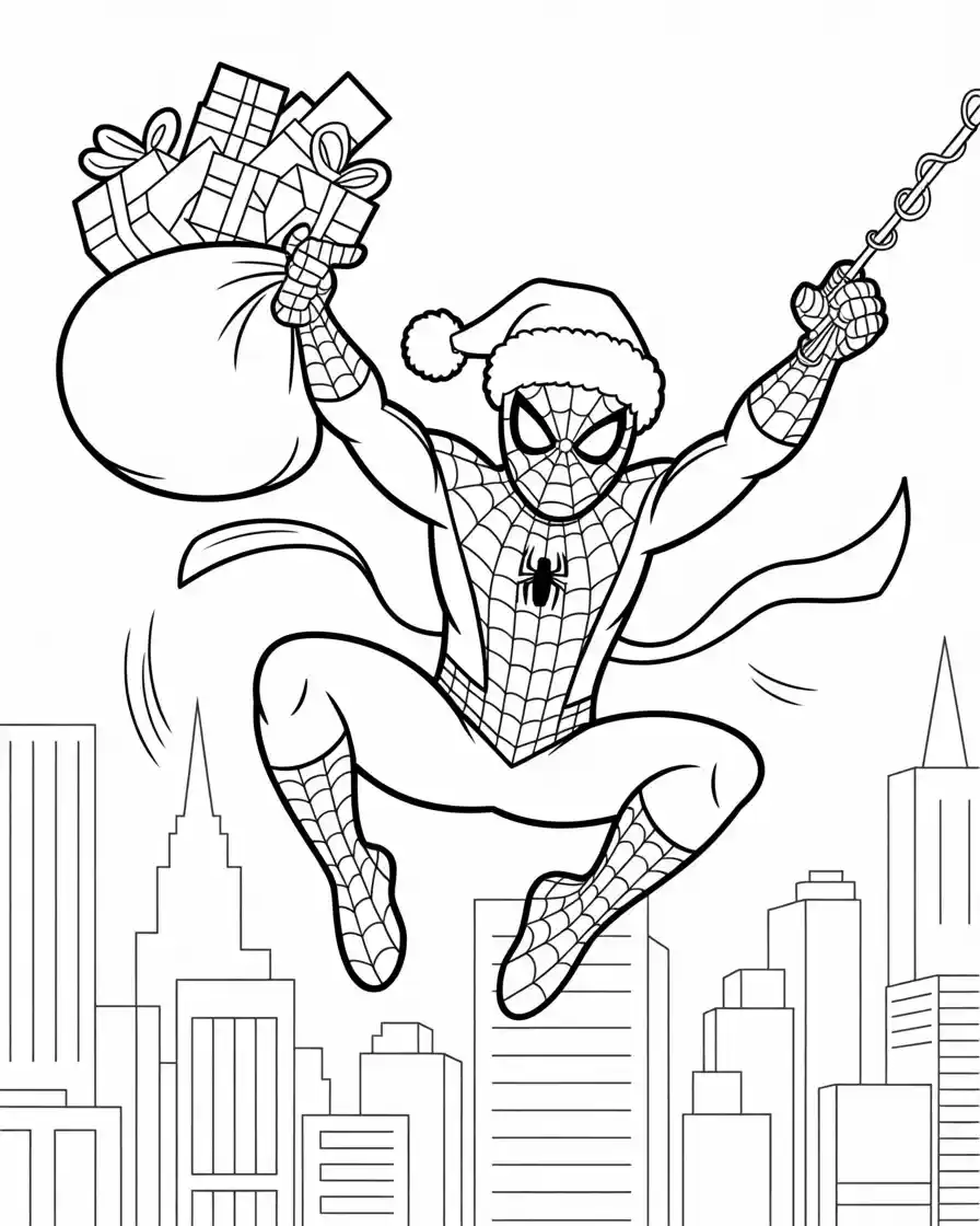 christmas spiderman swinging with presents
