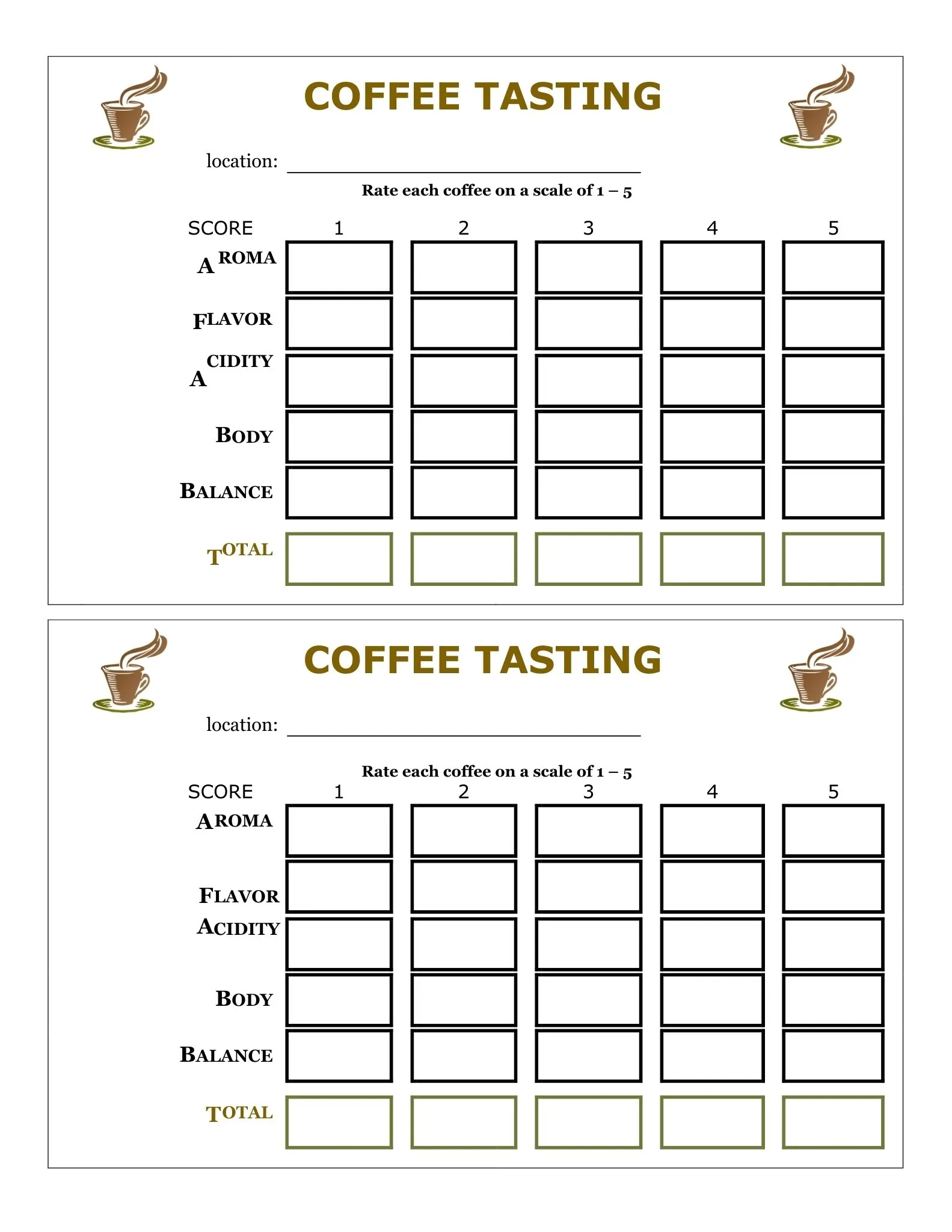 coffee score card sheet