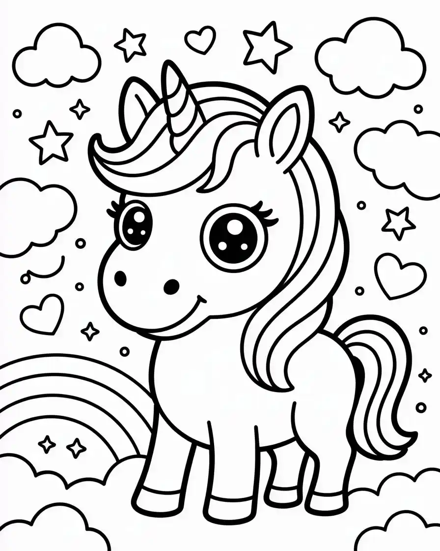 cute cartoon unicorn with pretty eyes coloring page 1
