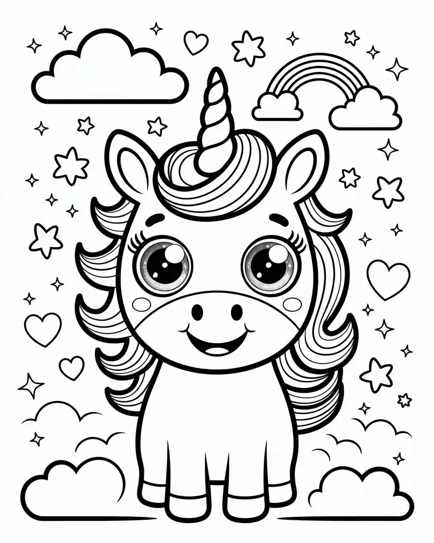 cute cartoon unicorn with pretty eyes coloring page