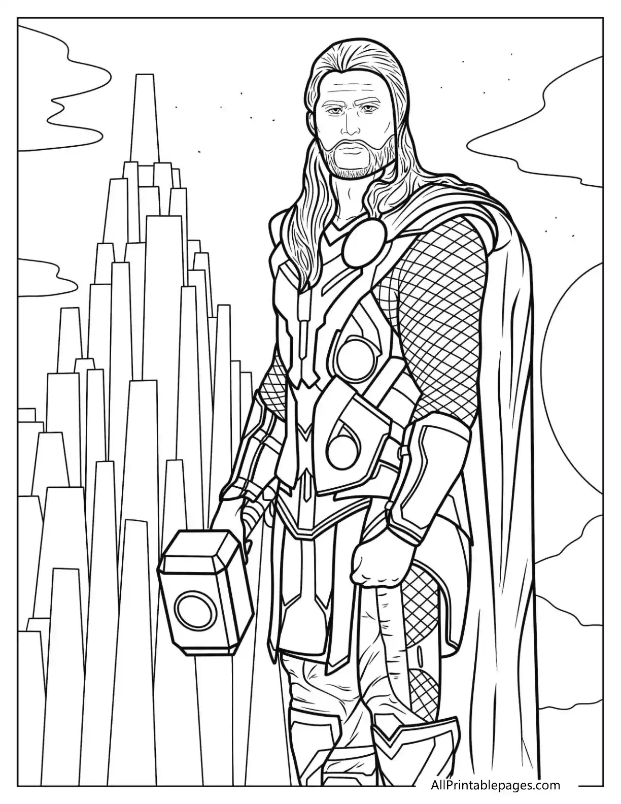 detailed coloring page of thore holding hammer