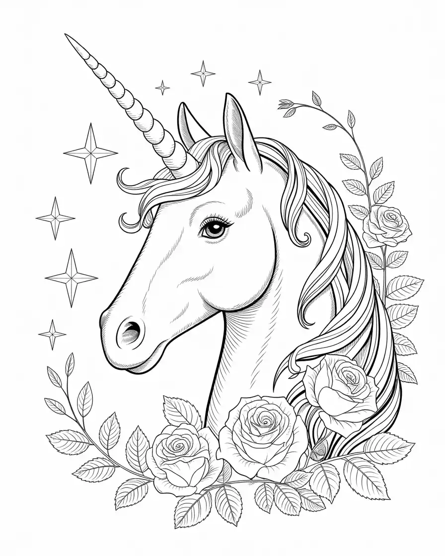 detailed unicorn face with long horn to coloring page 1