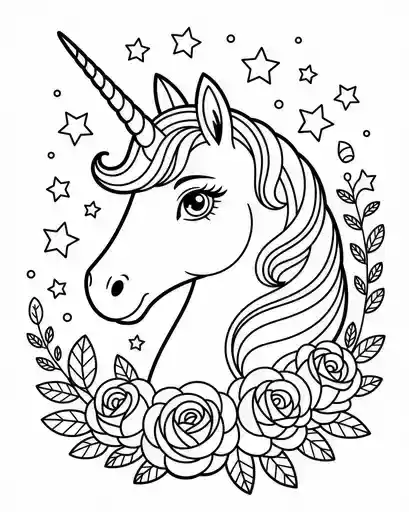 detailed unicorn face with long horn to color