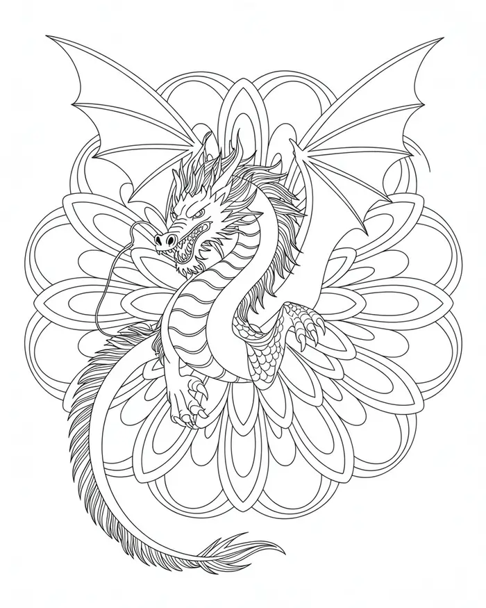 dragon behind a flower mandala coloring page