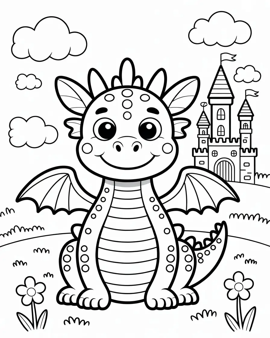 dragon next to castle coloring page 1