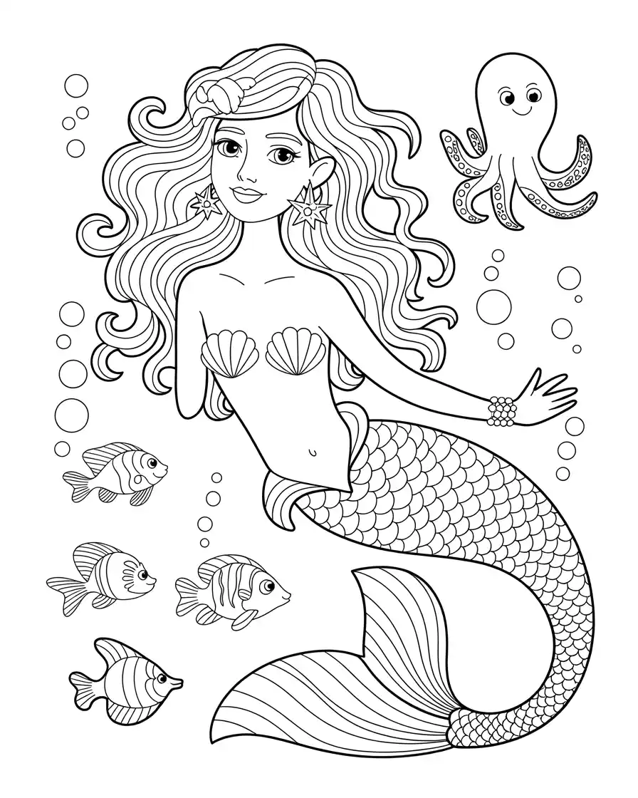 fantasy mermaid with octopus and giant fish coloring sheet