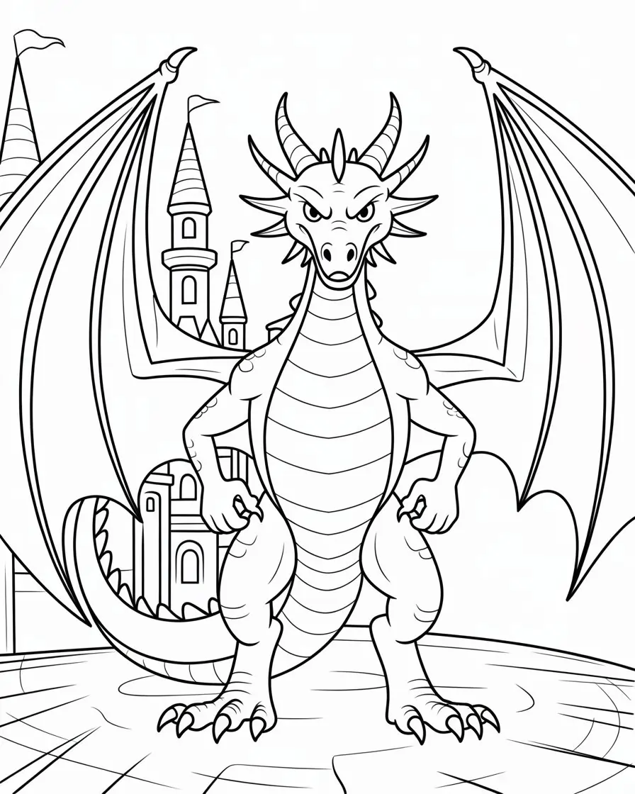 fierce looking dragon next to castle coloring page