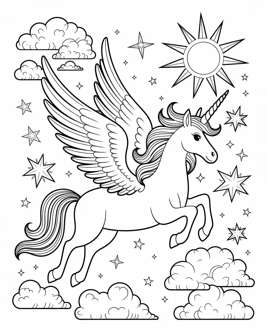 flying magical winged unicorn coloring page