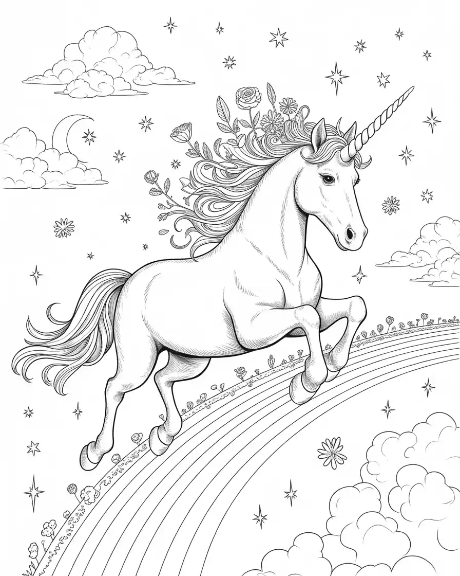galloping unicorn on rainbow to color for adults 1