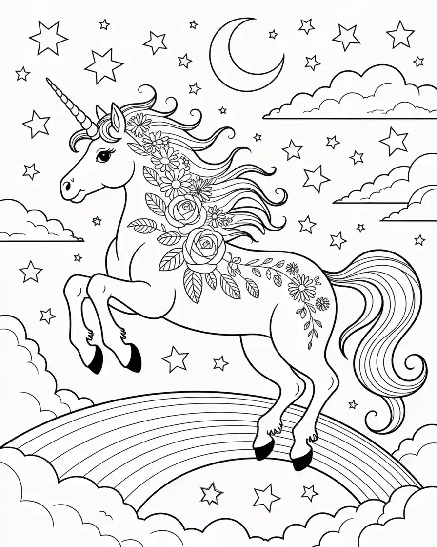 galloping unicorn on rainbow to color for adults