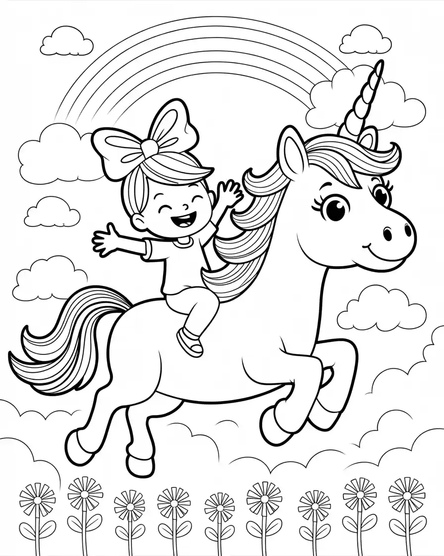 hello kitty sitting on the back of a unicorn coloring page for kids 1