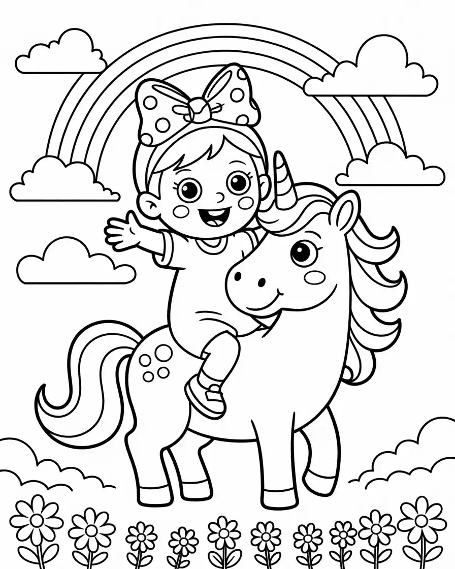 hello kitty sitting on the back of a unicorn coloring page for kids