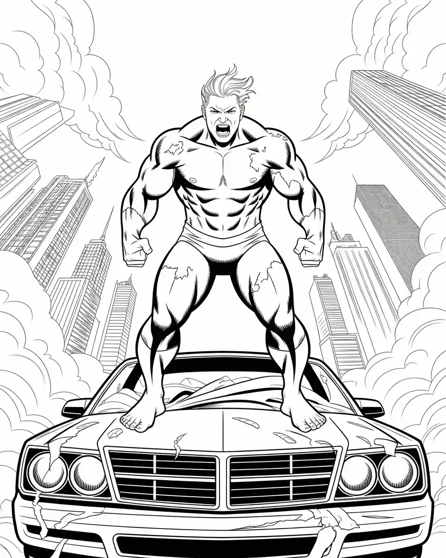 hulk raging on top of a car coloring sheet 1