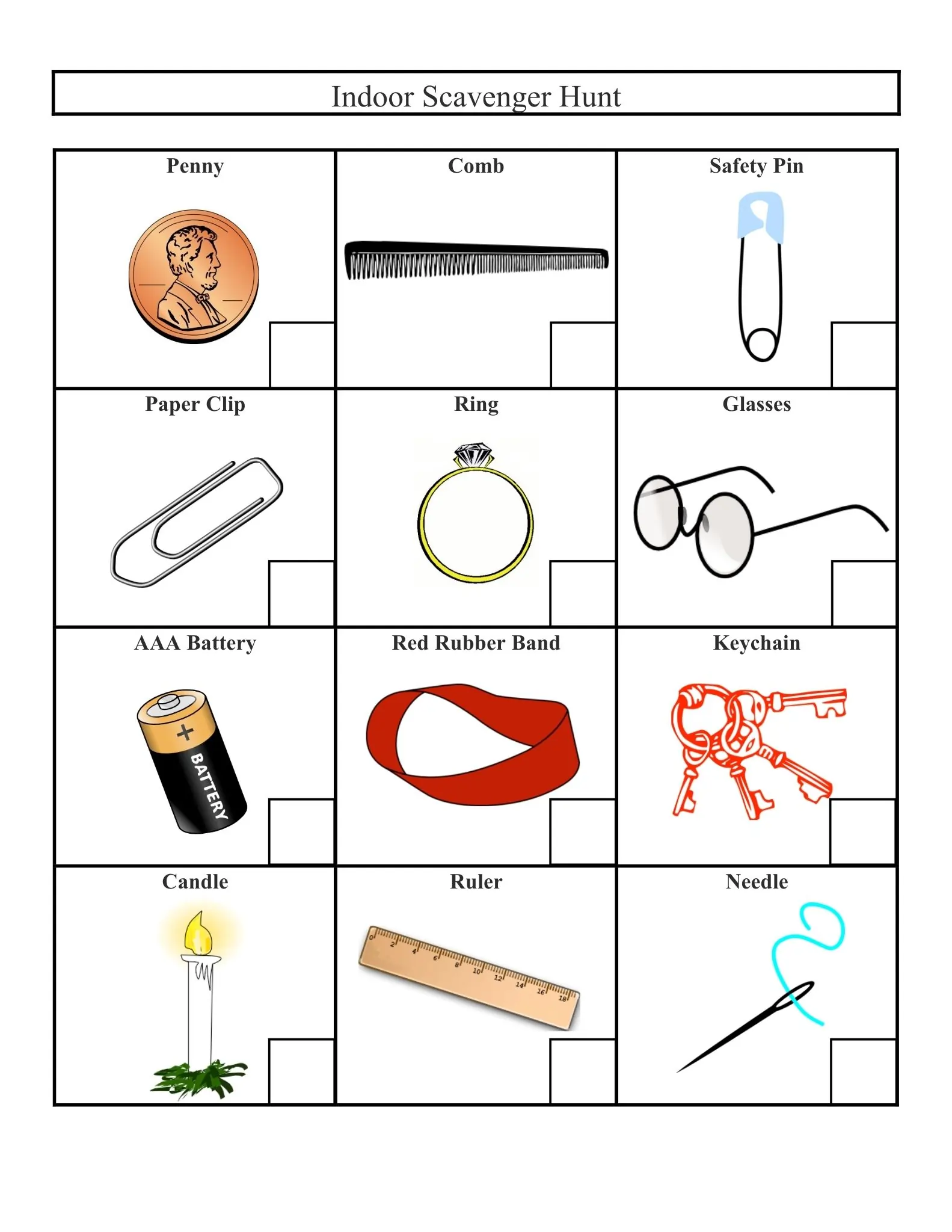 indoor Scavenger hunt score sheet