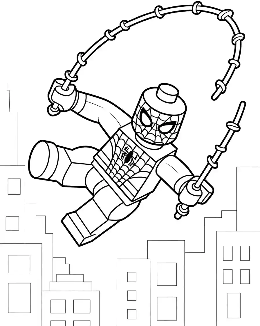 lego spider man with webs swinging through city