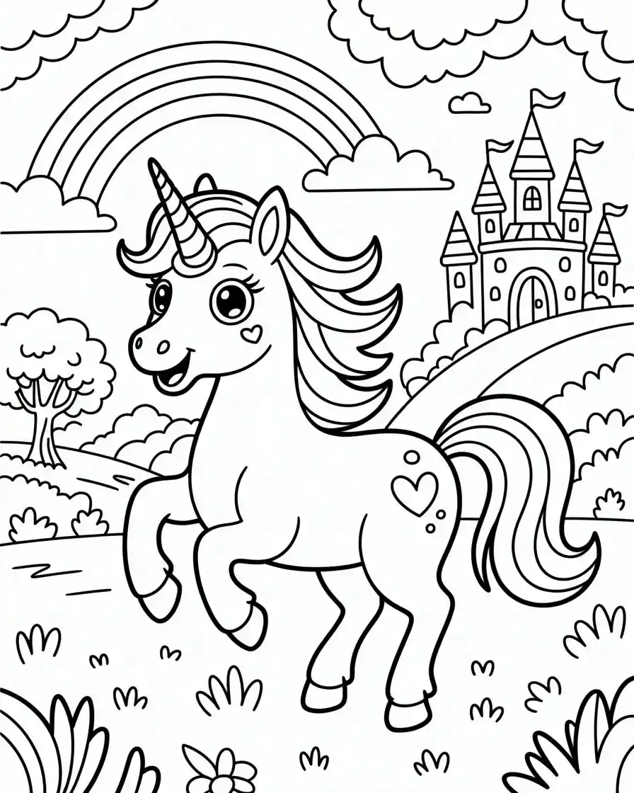magical unicorn with castle to color