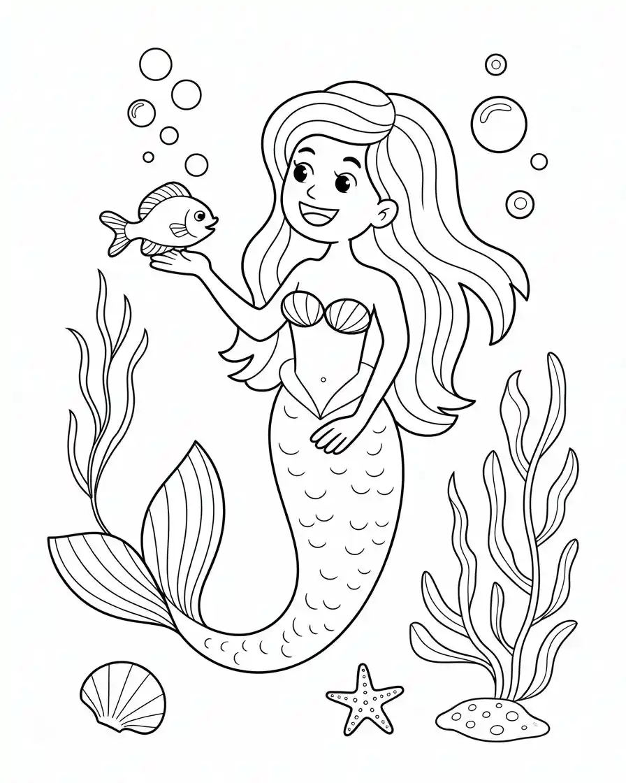 mermaid ariel playing with flounder coloring page