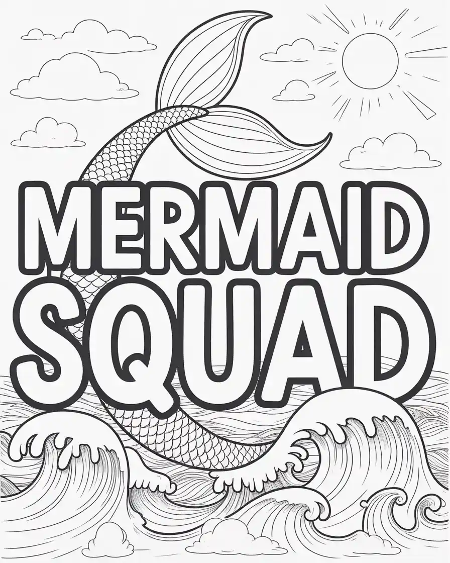 mermaid squad text with decorative mermaid tail and crashing waves