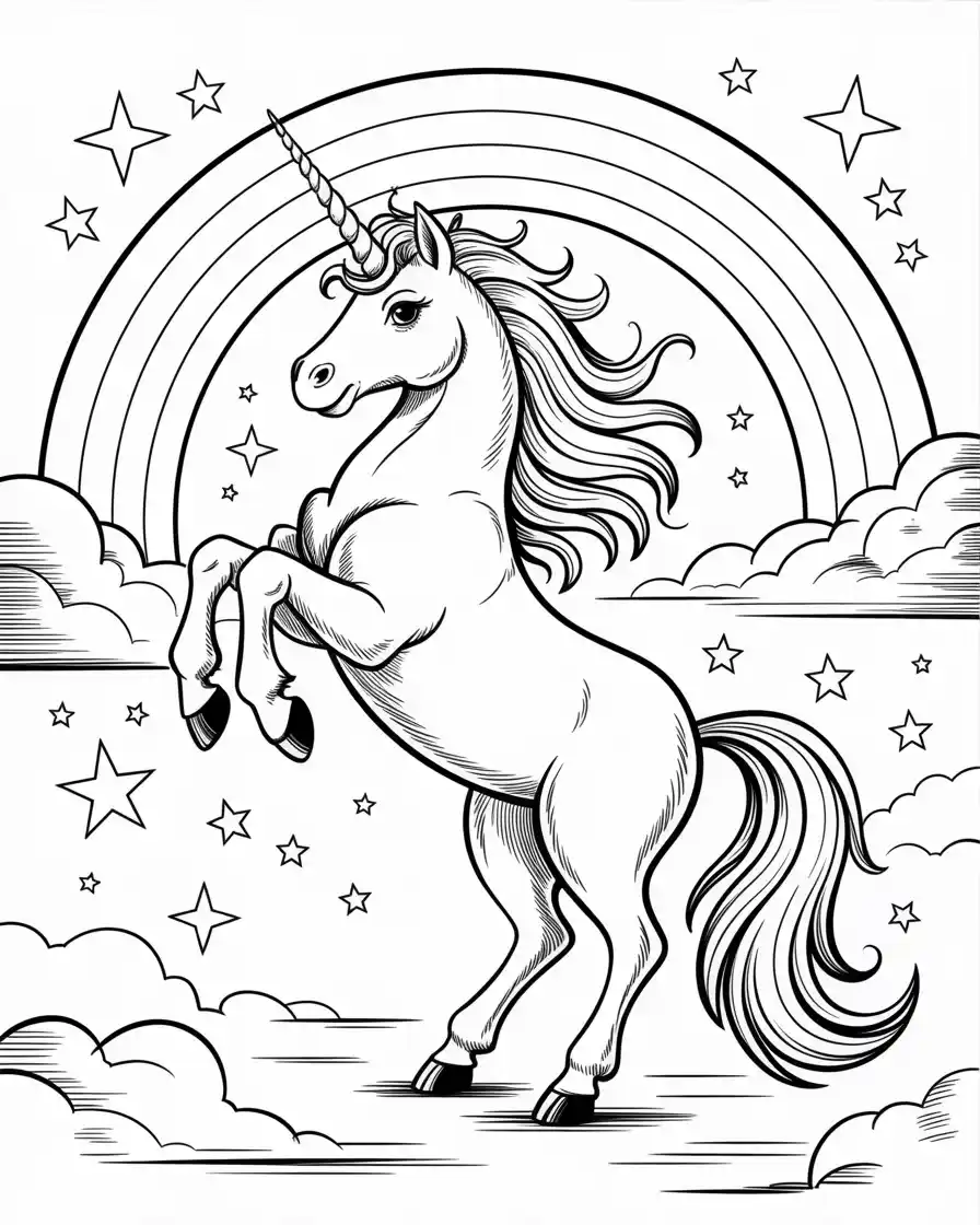 mythical unicorn with sweeping tail coloring page