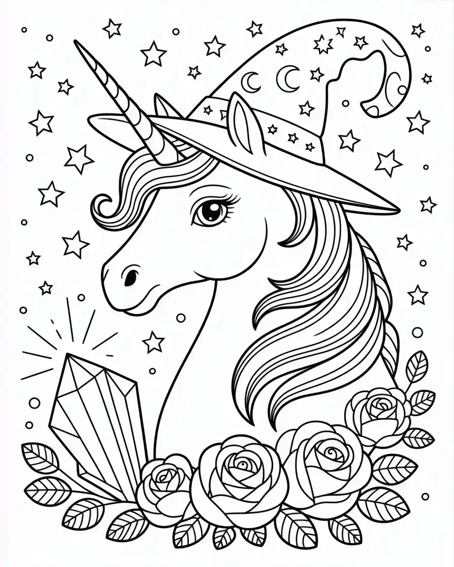 pretty unicorn portrait with roses crystals and stars coloring page