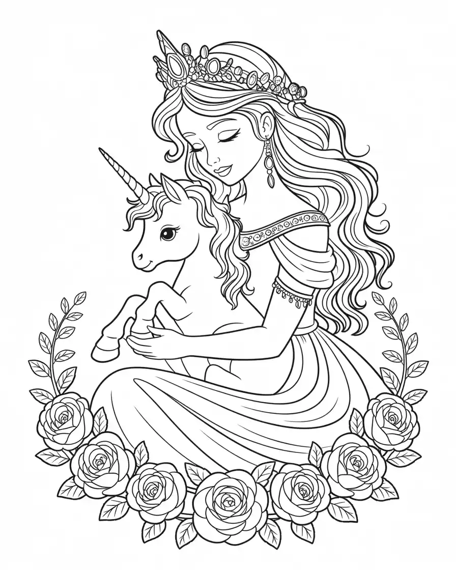 princess holding a baby unicorn with roses around her 1