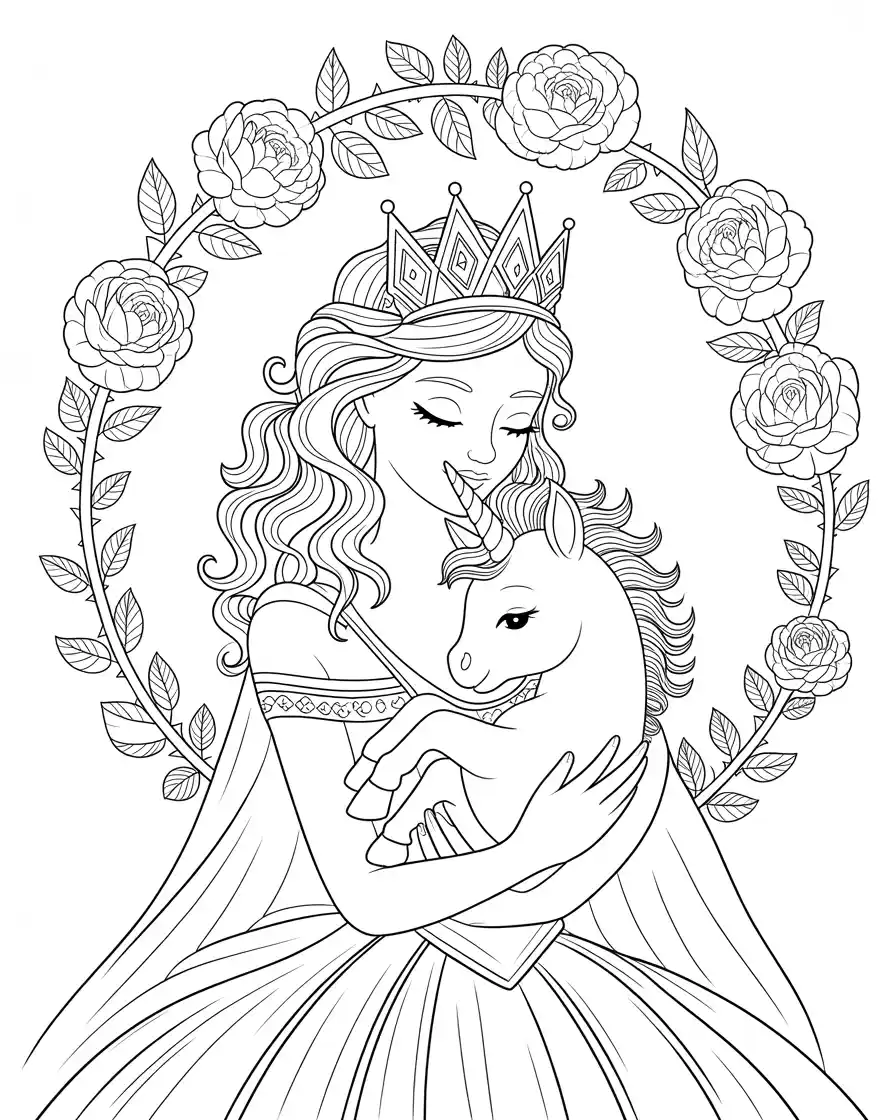 princess holding a baby unicorn with roses around her