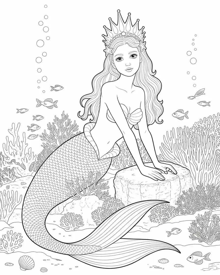 princess mermaid with pearl crown sitting on a coral