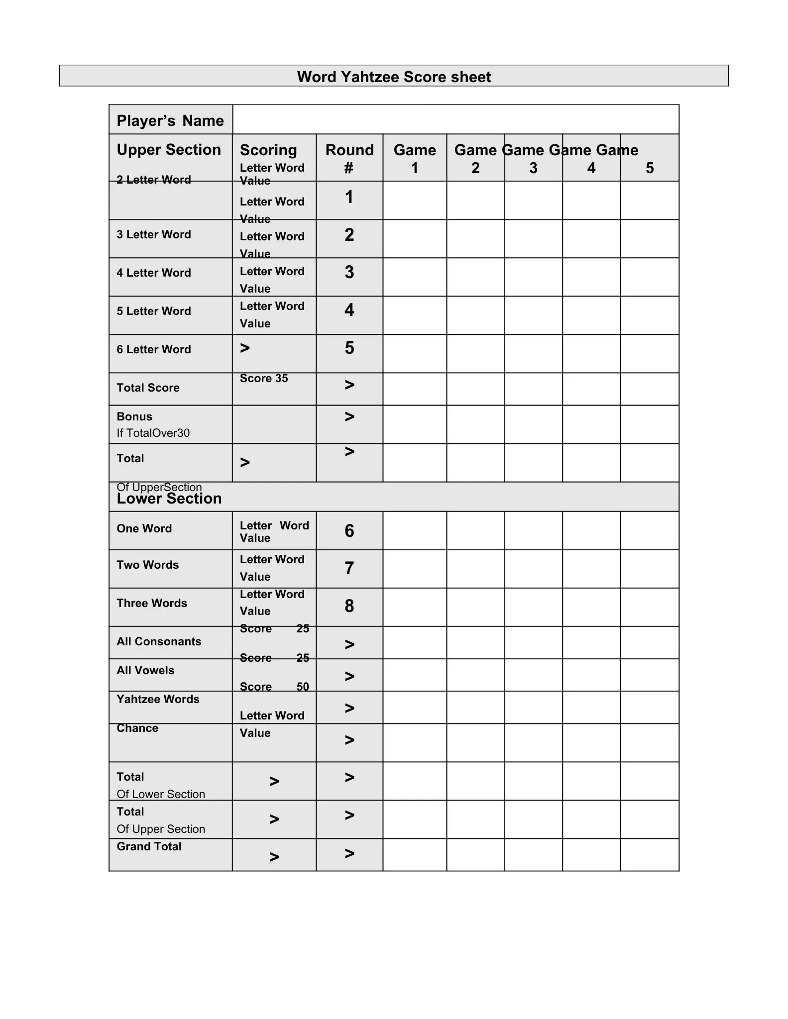 printable word yahtzee score sheet