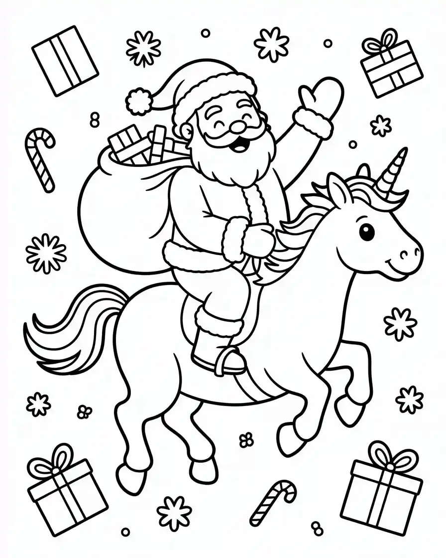 santa carrying a sack of gifts while riding a unicorn coloring sheet