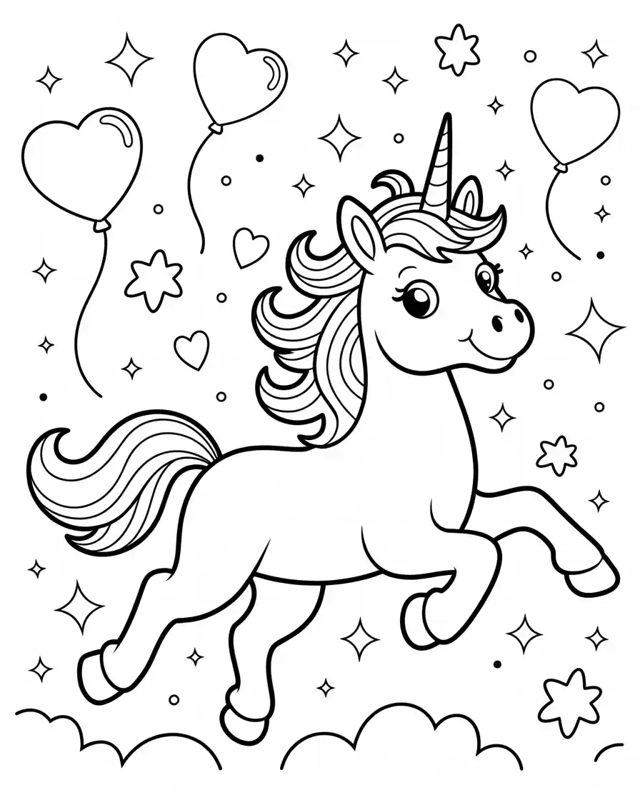 sassy unicorn trotting with stars and balloons in the background