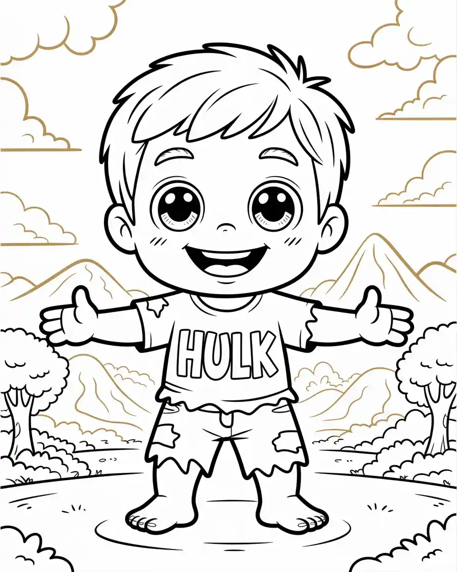 smiling chibi hulk under the sun coloring page for kids