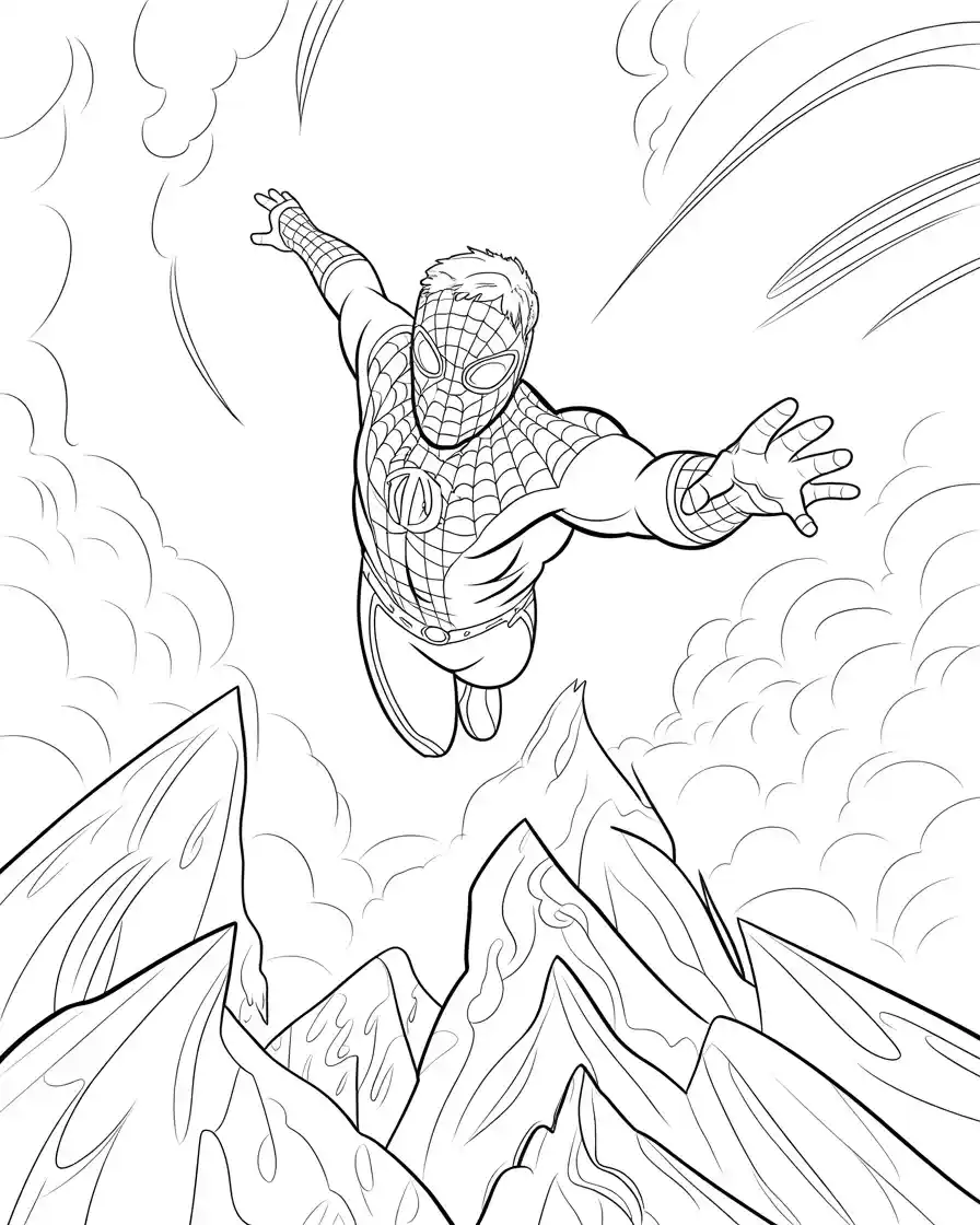spider man swinging through the sky coloring page 1