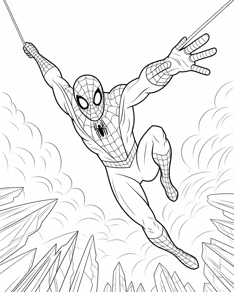 spider man swinging through the sky coloring page