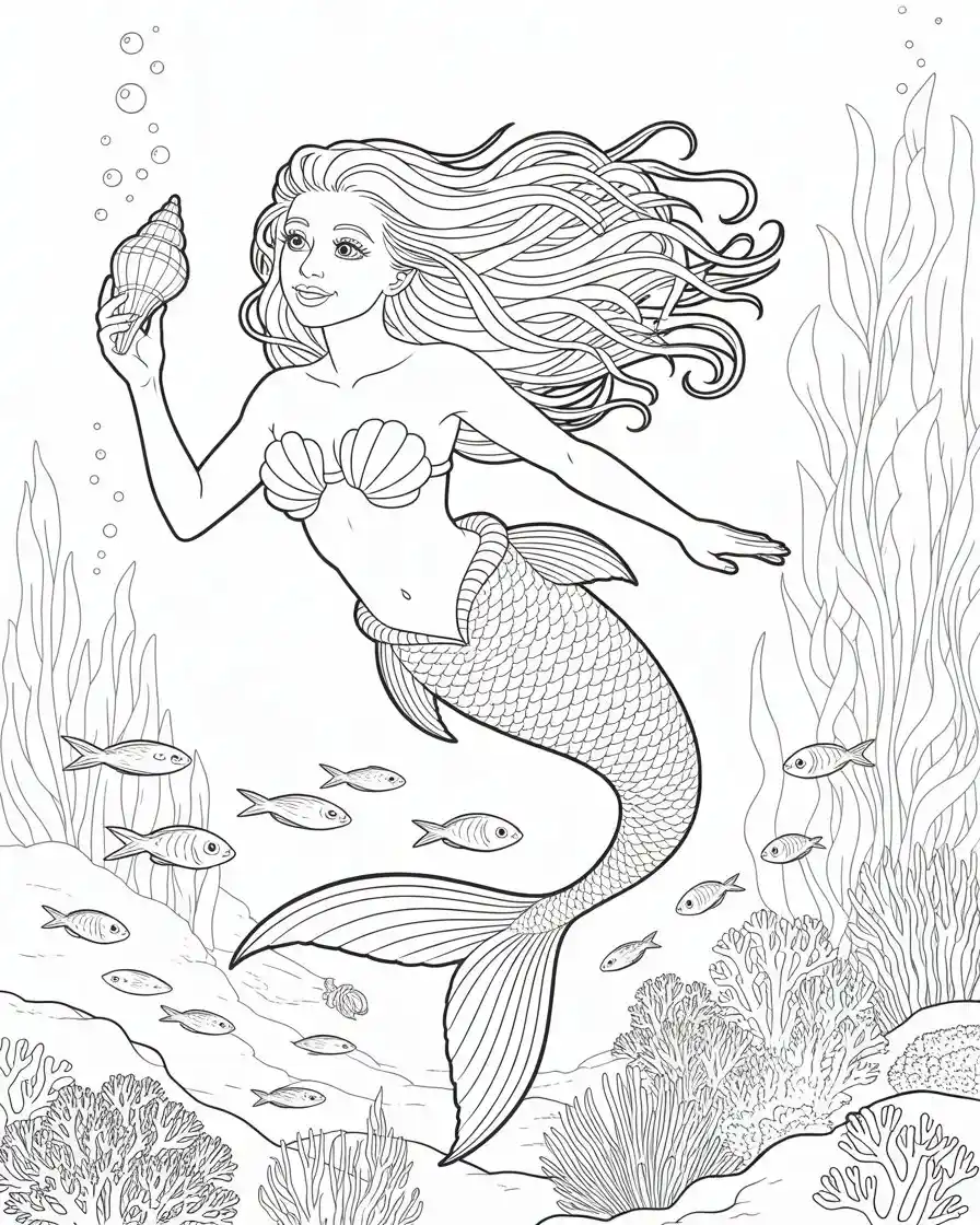 swimming mermaid holding a shell in the sea