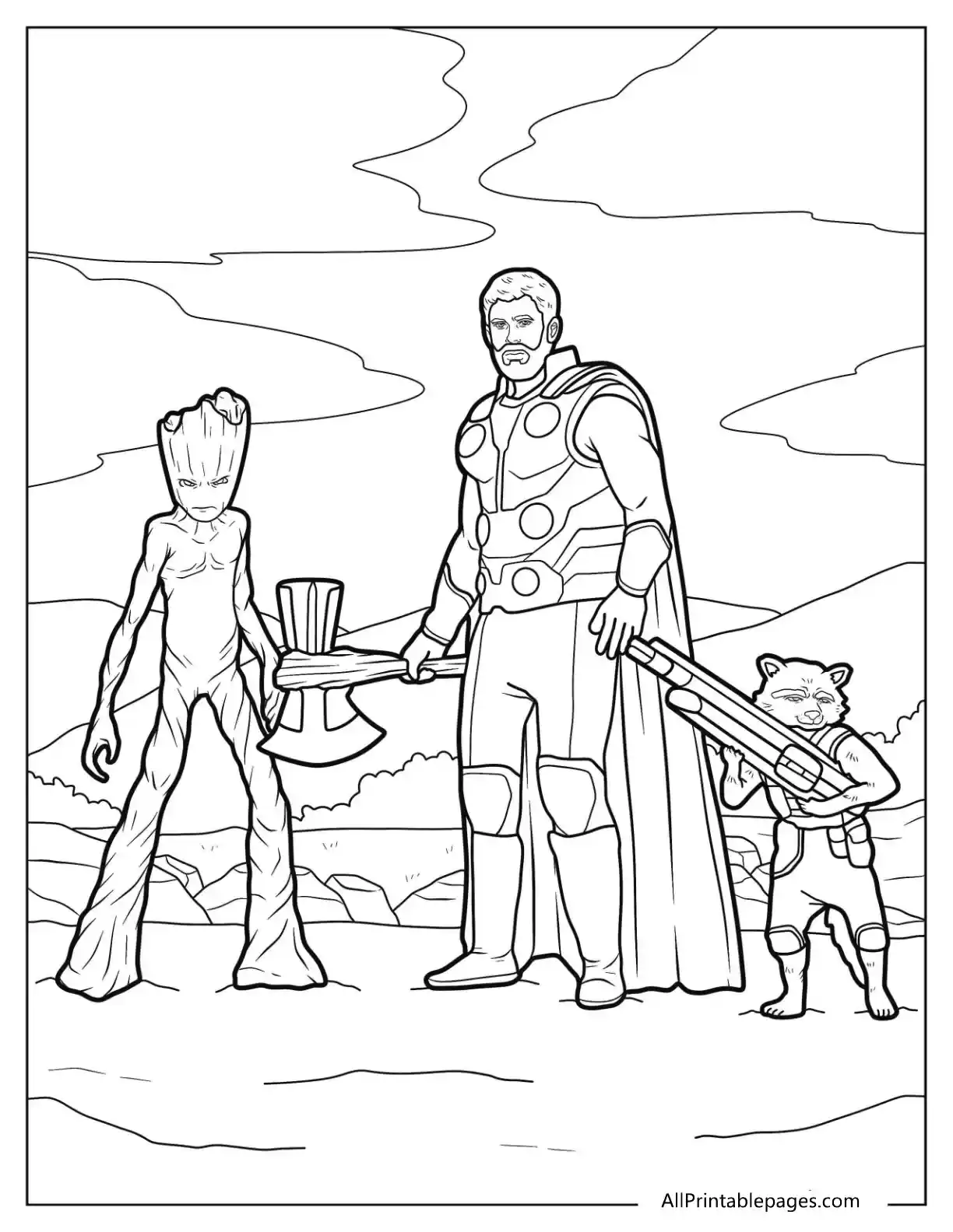 thor with groot and rocket racoon