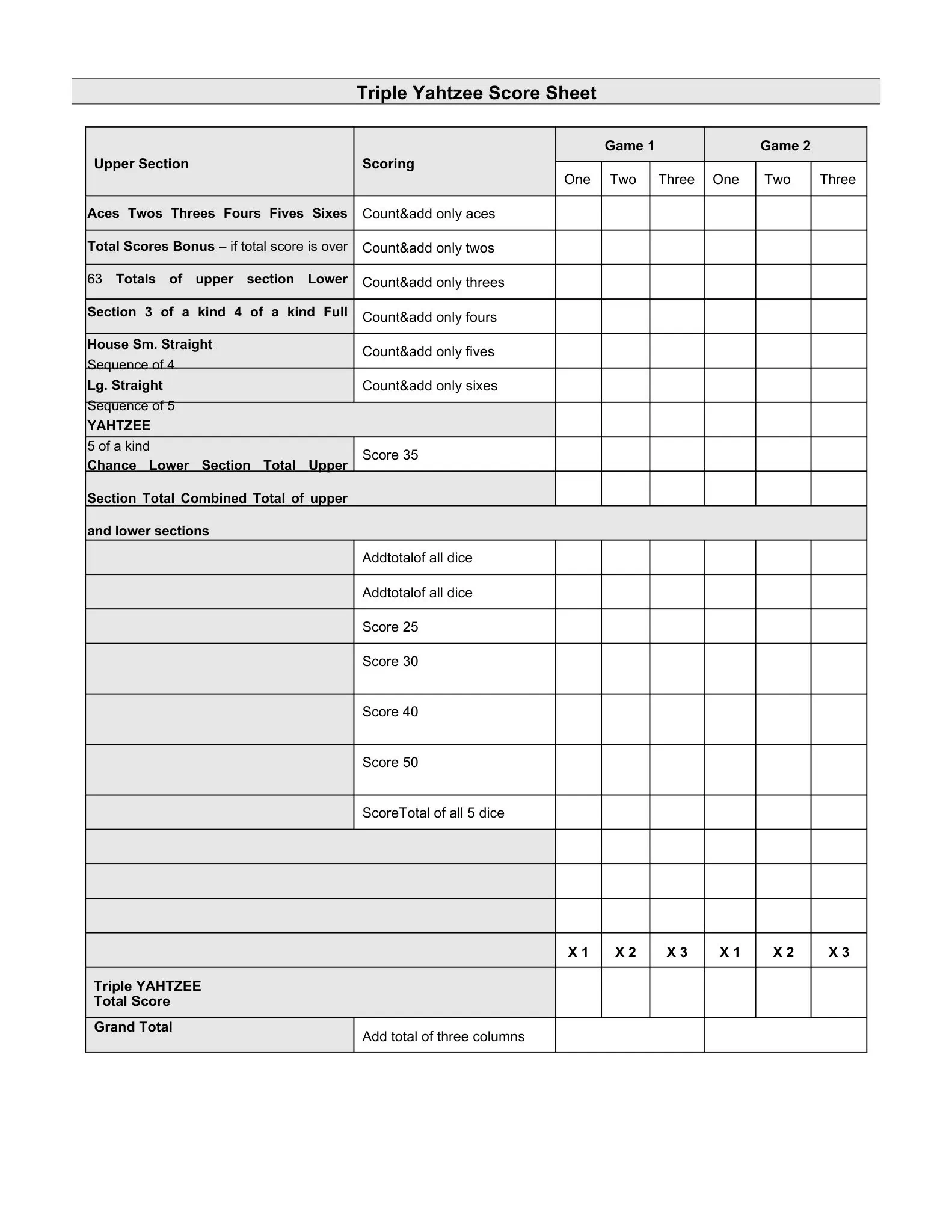 triple yahtzee scoring sheets