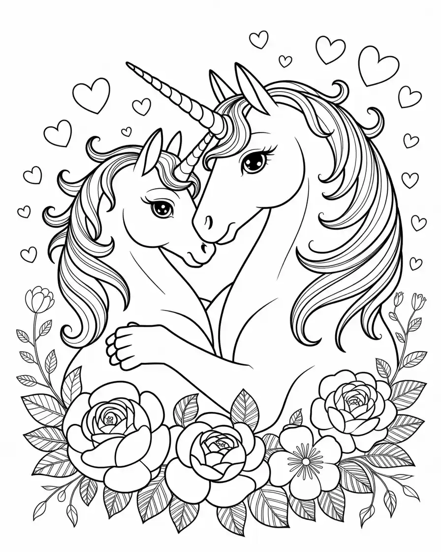 two detailed unicorns embracing coloring sheet