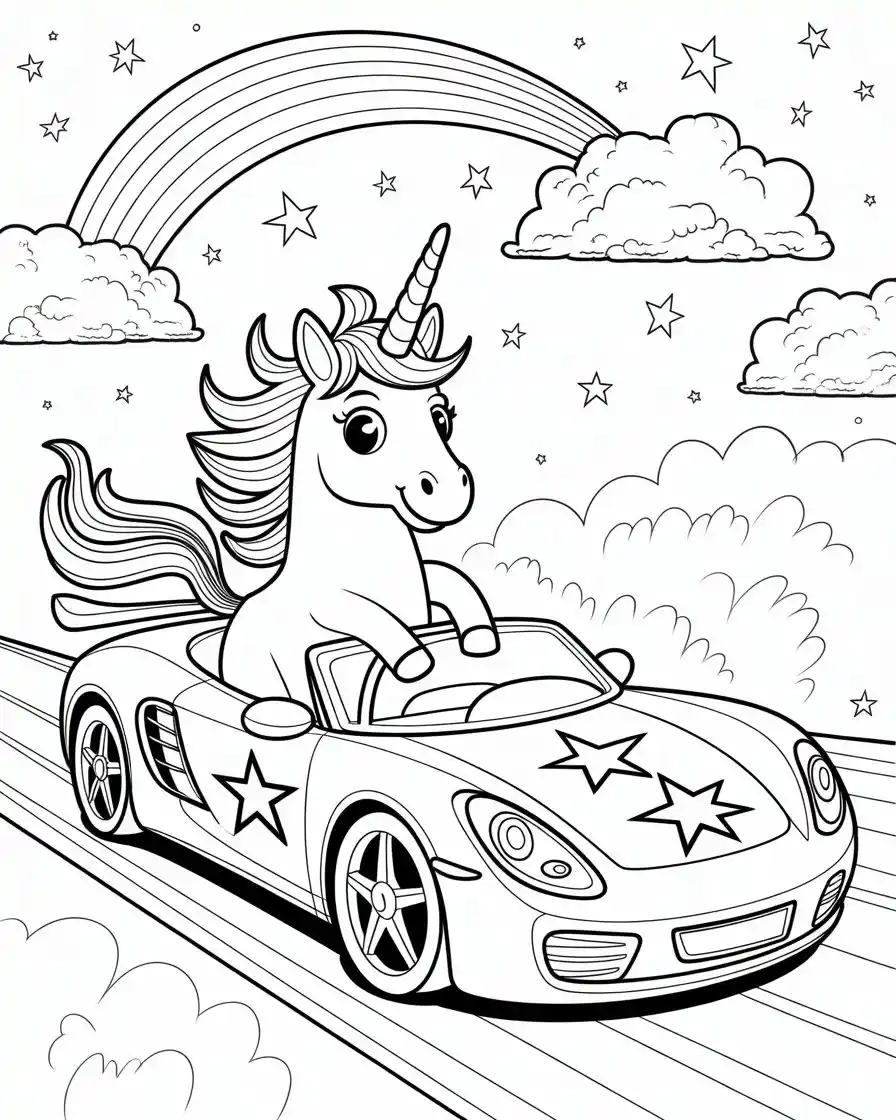 unicorn driving a sports car with rainbows and stars