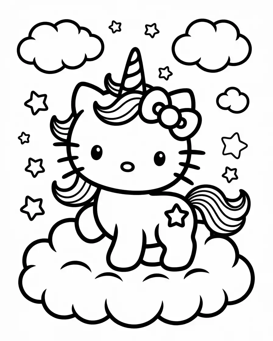 unicorn hello kitty standing on a cloud coloring page for kids