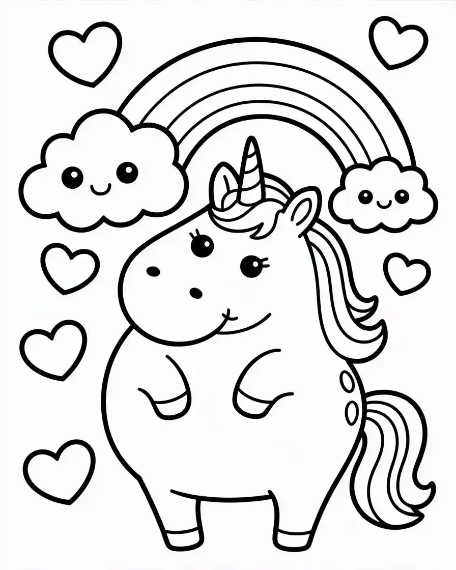 unicorn pusheen with love hearts and a rainbow