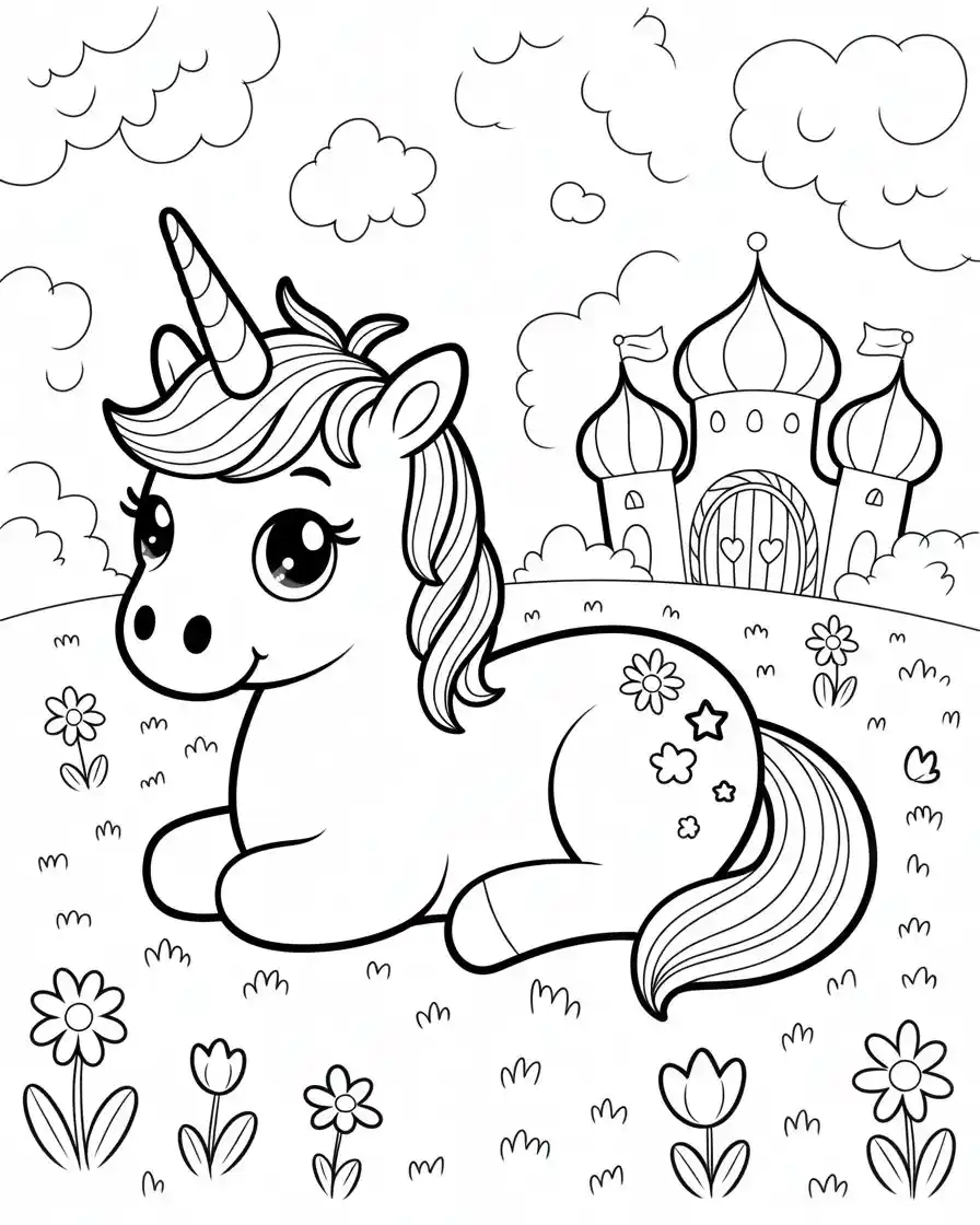 unicorn sitting in field of flowers